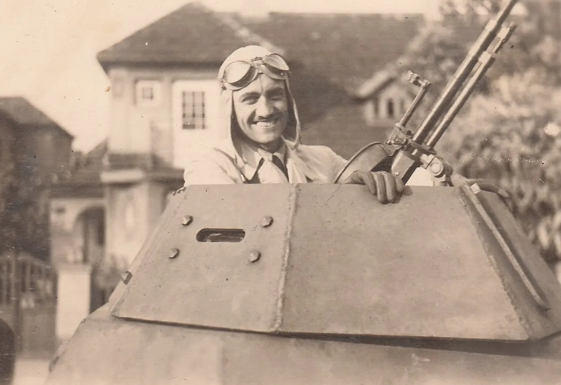 Josef Müller in an armoured vehicle during his military service.