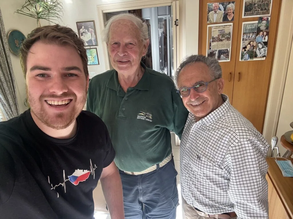 With two Terezin survivors: on the left is Garry Fabian, born in Stuttgart, Germany, and Peter Gaspar, born in Bratislava, Slovakia. Photo taken in Melbourne, Australia, February 2025.