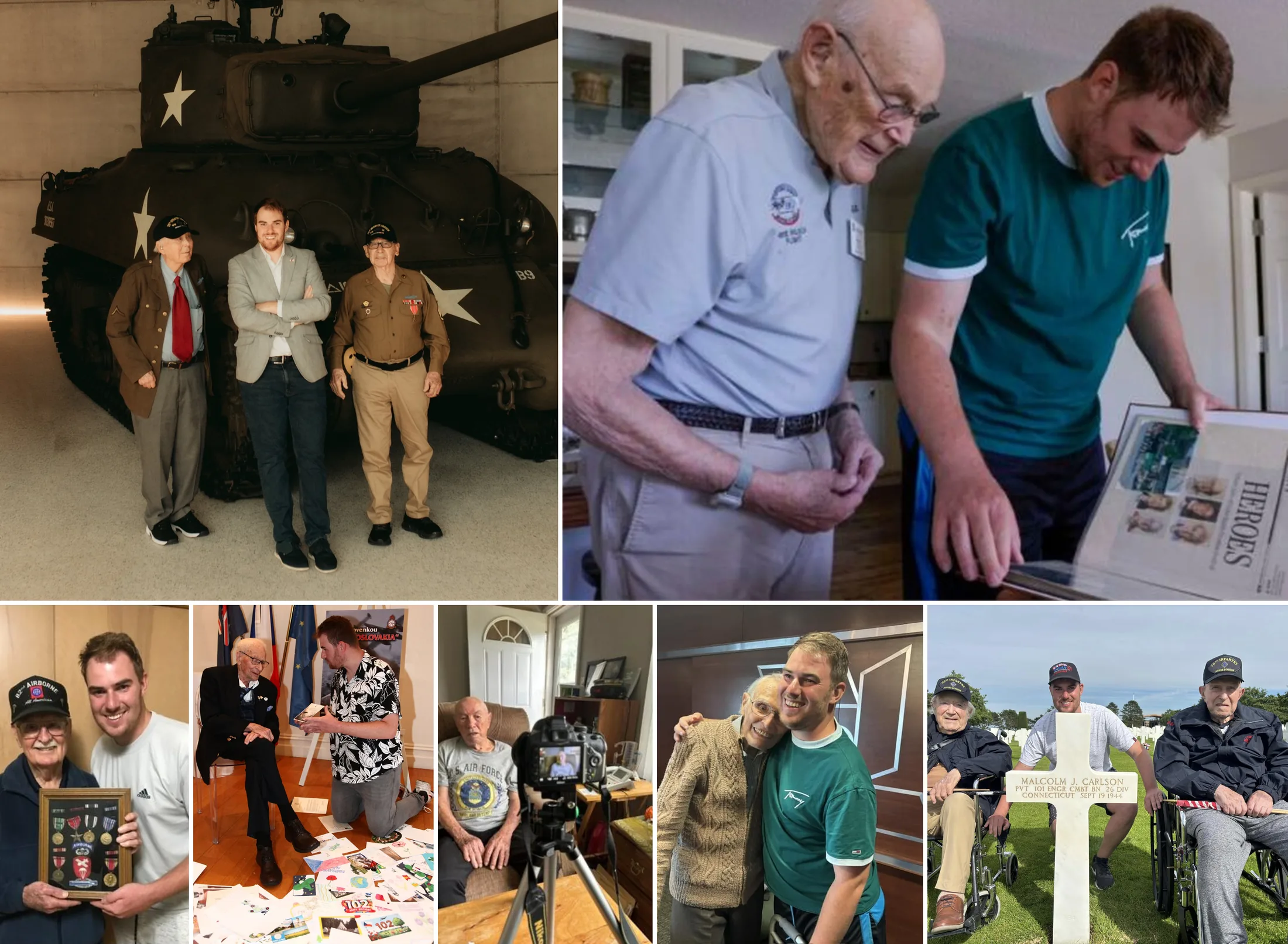 Jiri Kluc with World War II veterans beside a tank, looking through a photo album, presenting birthday cards, viewing medals, recording an interview, embracing a veteran and visiting a military cemetery.